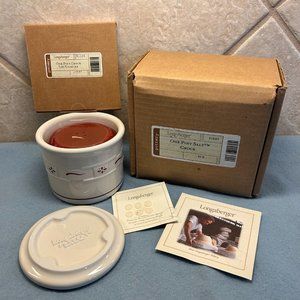 Longaberger, Salt Crock with lid, 1 pint, Red Traditions - NIB with candle